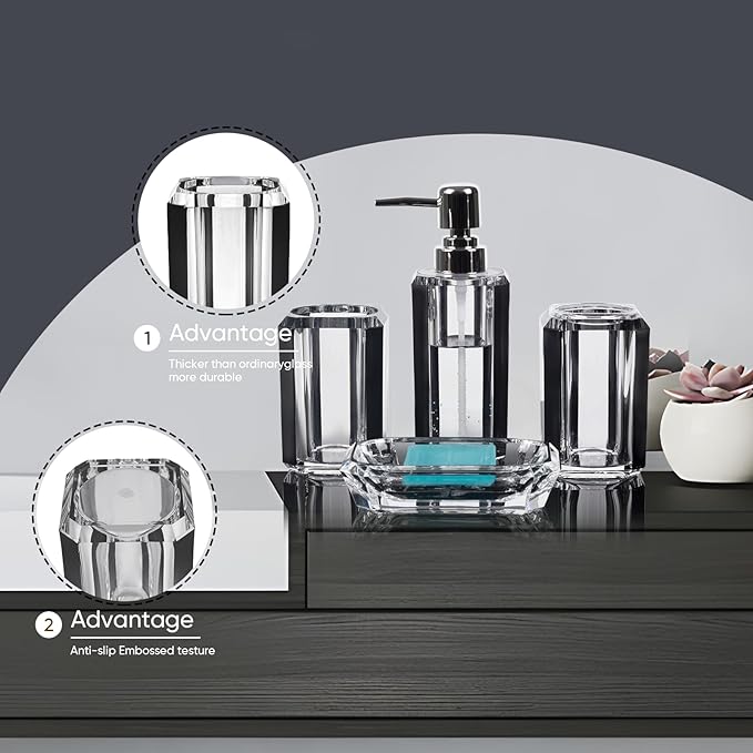 4 Piece Premium Acrylic Bathroom Accessory Set, Hand Sanitizer Bottle, Lotion Can Bathroom Suit, Separate Bottle Soap Box, Mouthwash Cup, Toothbrush Cup(Brushed Black)