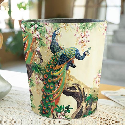 Scakbyer 10L/2.64 Gallon Trash Can, Decorative Waste Basket, PU Leather Waste Paper Basket, Waterproof Garbage Can for Bathroom, Bedroom, Office, Kitchen and Living Room - Peacock-4