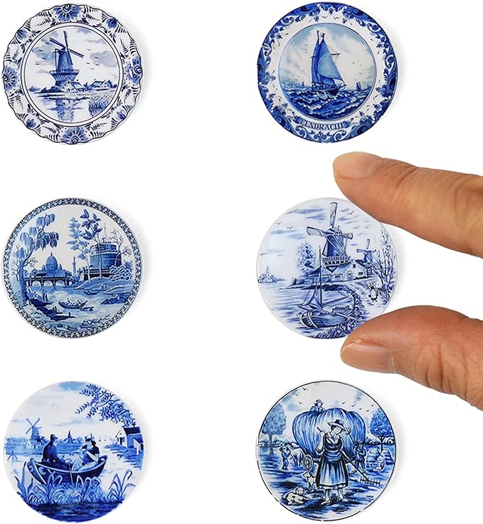 6PCS Handcrafted Miniature Ceramic Plates in 1:12 or 1:6 Scale, Vintage Porcelain Playhouse Dishes (Blue-White B, 3CM)