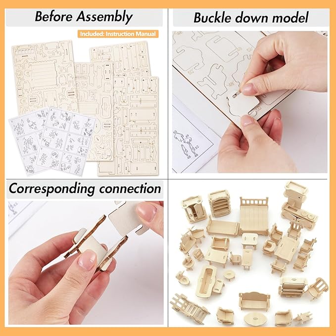 LOVEINUSA DIY Wooden Dollhouse Furniture Set, 3D Puzzle Miniature Room Accessories, Natural Wood