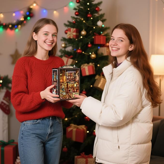DIY Christmas Store Book Nook Kit, Miniature House with LED Light, 264pcs Wooden 3D Puzzles for Adults Teens, Bookshelf Decor Scale Model, Cultural Handmade Gift for Christmas & Book Lovers