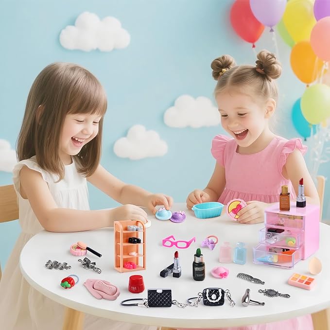 76pcs Miniature Dollhouse Accessories,Dollhouse Bathroom Set with Makeup Set Towel Toothbrush Shampoo Toiletries Set,Miniature Stuff Jewelry Storage Case Perfume Shoes Backpack for Girl Micro Scene
