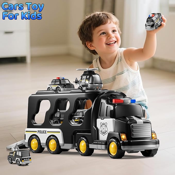 5 in 1 Police Car Carrier Truck Toy for Kids Ages 4-8, Police Truck with Light and Sound, Transporting Vehicle Boy Trucks Toy Sets, Kids Toys 3-5, Birthday Gifts for Boys Girls Aged 4-6 5-7