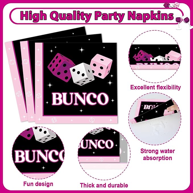 96Pcs Bunco Party Decorations Card Game Themed Tableware Pink Black Bunco Plates Napkins Forks And Napkins Let’s Roll Dinnerware Casino Night Bachelorette Party Supplies for Birthday Serves 24 Guests