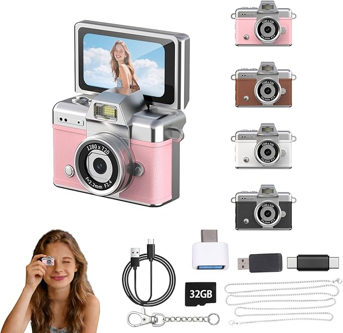 Pyxfeiiu Mini Keychain Camera,1080p Video Mini Digital Camera,Retro Flip Screen Small Bodycam,with Adapter and 32GB Card (Expandable to 128GB),USB Charging Long Battery Life for Kid,Travel,Vlog