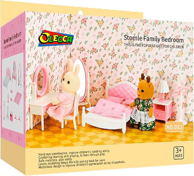 Family Dollhouse Bedroom Set — Bed, Pillows & Bedspread, Vanity with Mirror, Nightstand, Floor Mirror, Chair, Lamp, Coat Rack & Hangers — Dollhouse Furniture & Accessories for Ages 3+