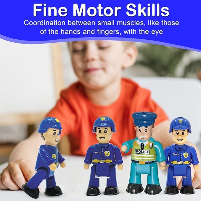 FUNERICA Police Figurines Set – 4-Pack Police Officer Toys for Kids with 3 Policemen and 1 Police Chief, Toy Police Figures and Action Figurines for Boys, Durable Imaginative Play Set