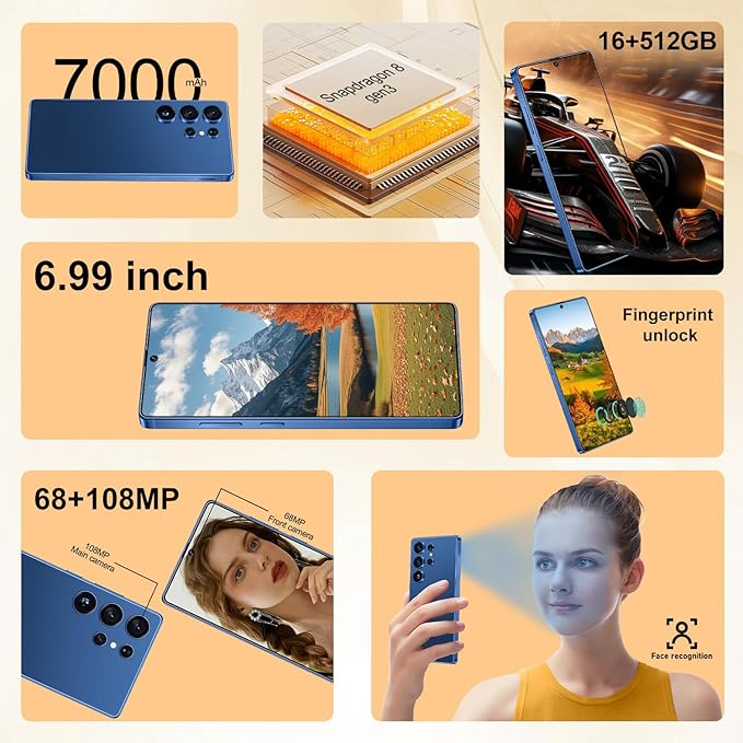 OEJBK I25 Ultra: Powerhouse 16GB/512GB, 2-Day 7000mAh Battery, Huge 6.99" Android 14 Phone w/Built-in Stylus - Your All-in-One Device The Superior Choice (Blue)
