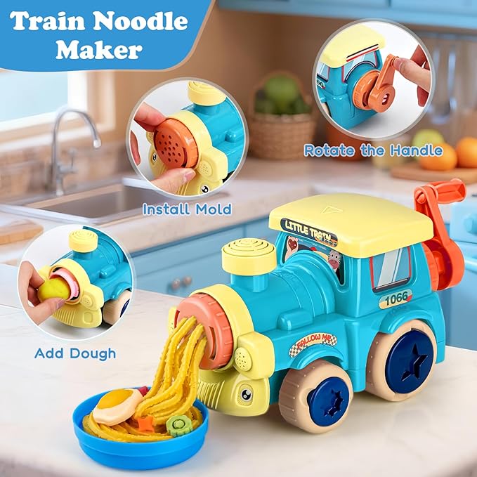 85 PCS 3 in 1 Dough Sets for Kids Ages 3-4-8, Art Crafts Dough Tools Kit, Train Engine Noodle Playset, Hamburger Machine, Dessert Rack, Kitchen Creations Food Play Toys Boys Girls