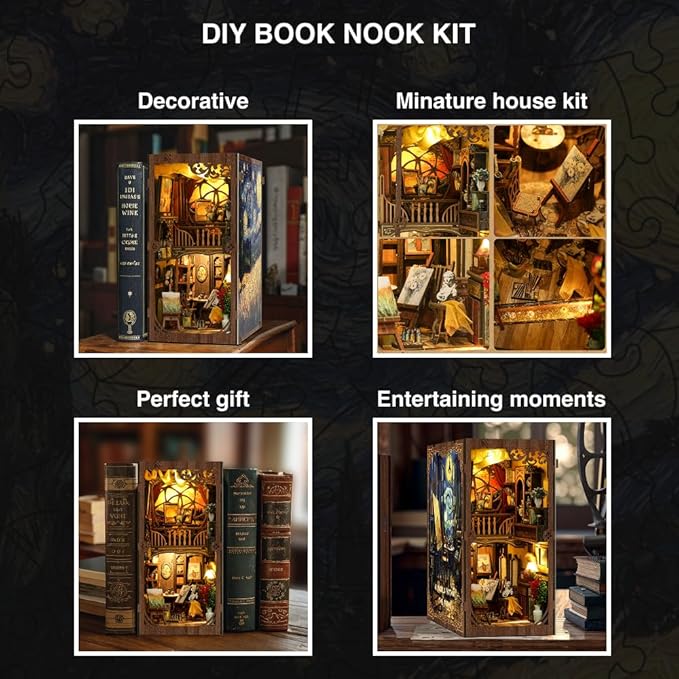 Book Nook Kit for Adults - DIY Miniature House with LED Lights - Adult Book Nook Craft Kit with Starry Night Puzzle - 3D Wooden Puzzle for Birthday Gift - Tiny Craft for Creative Bookshelf Decor