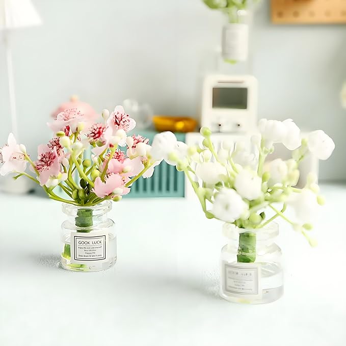 2PCS Mini Smell The Fragrant Rabbit & Pink Peach Blossom Flower Vase Ornaments – Handmade Resin Miniature Vases for Dollhouse, Fairy Garden, Micro Landscape Decor, DIY Craft & Table Centerpiece