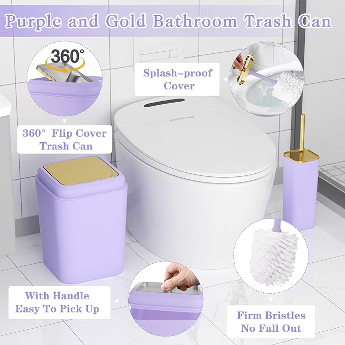 XLHOMO Purple Bathroom Accessories Set, Purple and Gold Bathroom Accessories with Trash Can, Soap Dispenser, Soap Dish, Toothbrush Holder and Q-tip Holders