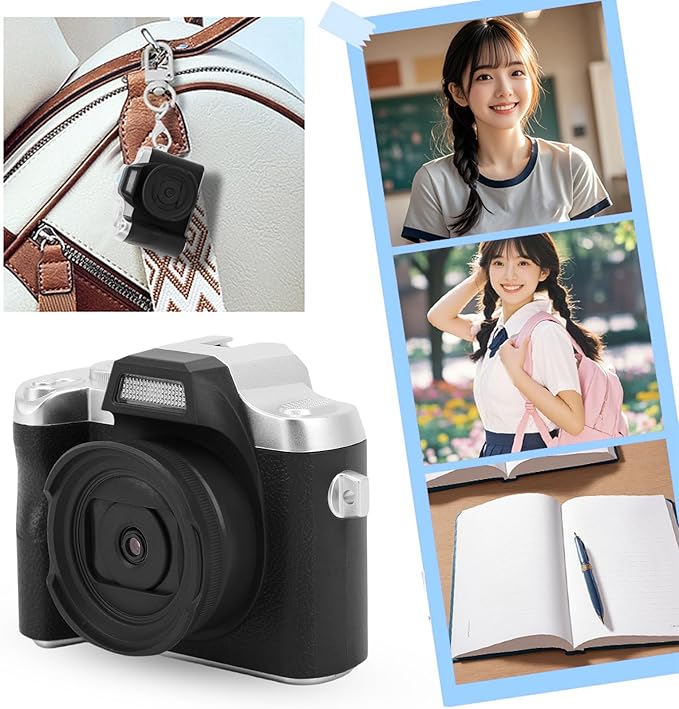 Zunate Mini Keychain Camera, 48MP HD Mini Retro Digital Camera, Portable Small Cameras Vintage Compact Micro Cameras, 1.54 inch HD Screen for Travel Study Recording (Black)