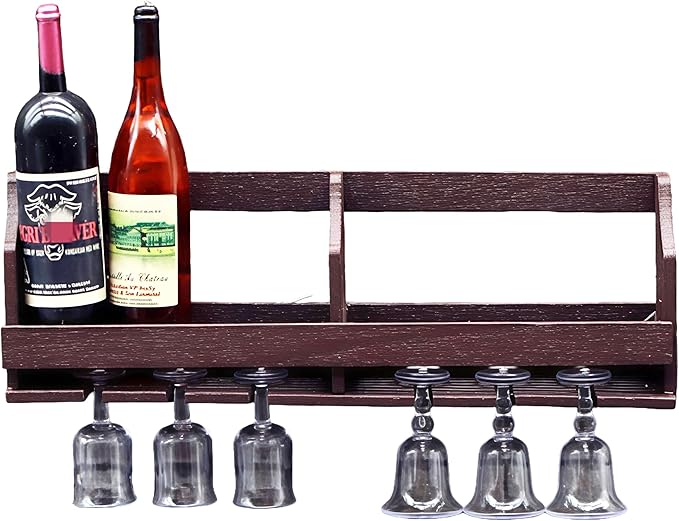 Miniature Wall-Mounted Wine Rack with Glass Holder, 9-Piece Dollhouse Bar Set, Dark Wood