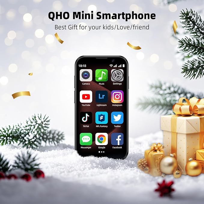 QHO Mini Phone Unlocked Mini Smartphone for Kids World's Smallest Cell Phone 3.0" HD Touch Screen Quad Core Dual Sim Card Face ID Android Compact Small Mobile Phones 2GB+16GB (Black)
