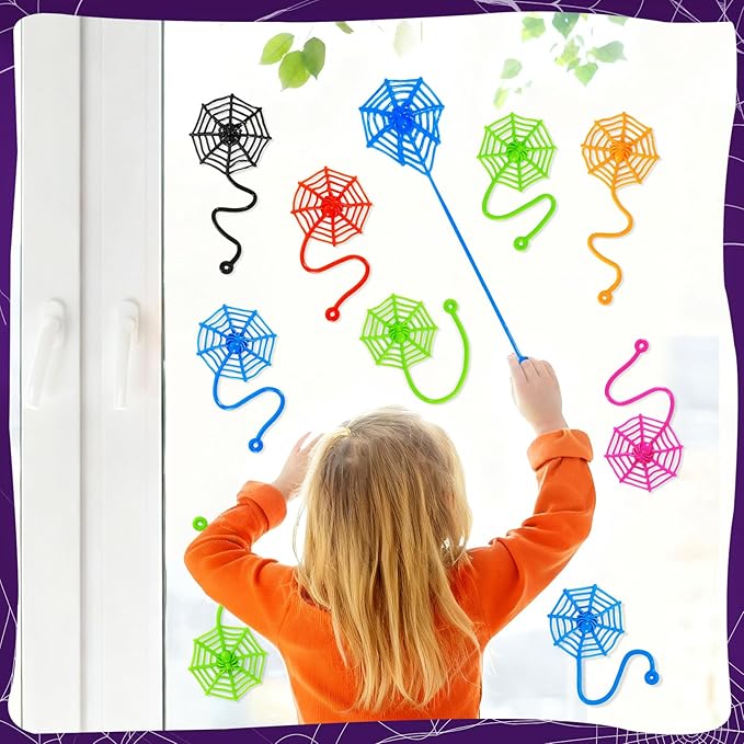 24 PCS Sticky Spider Web for Kids, 7.6 Inches Cobweb Sticky Hand Toys, Halloween Spider Party Favors for Goodie Bag Stuffers, Birthday, Classroom Prizes Supplies (6 Colors)