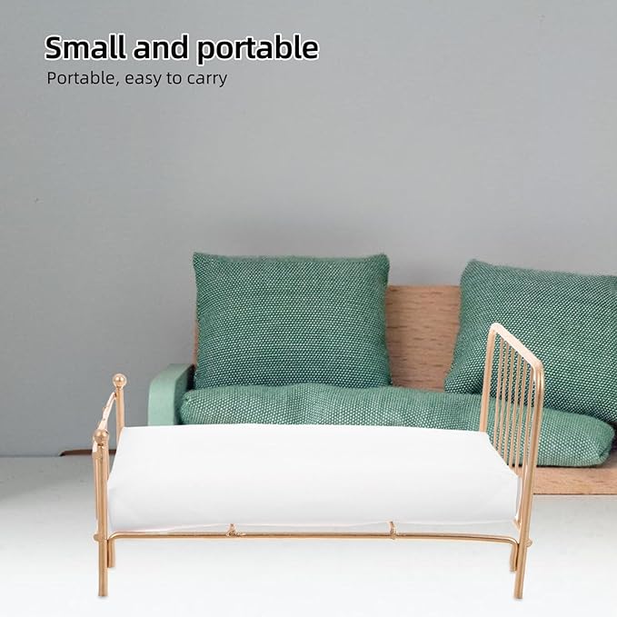 Totority Realistic Iron Frame Miniature Bed 1/12 Scale Dollhouse Bedding Comfortable Queen Size for Dollhouse Living Room Decor