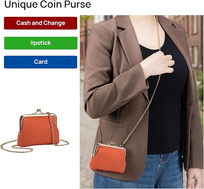 Cute Small Coin Purse & Credit Card Holder for Women Fashion Crossbody Chain Wallet Leather Coin Pouch Change Purse for Cash Key (Orange)
