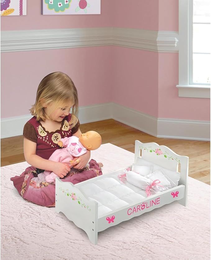 African Adventure Doll Bed with Bedding & Personalization Kit - White Rose - 22" L x 11.25" W x 10.25" H - for Dolls Up to 20", Includes Four Pillows
