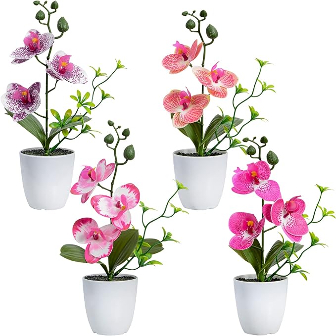 XONOR 4Pcs Artificial Orchid Flowers Mini Potted Orchid Flowers Fake Orchids with Plastic Vase for Home Office Wedding Table Centerpiece Decoration (Purple&Red)