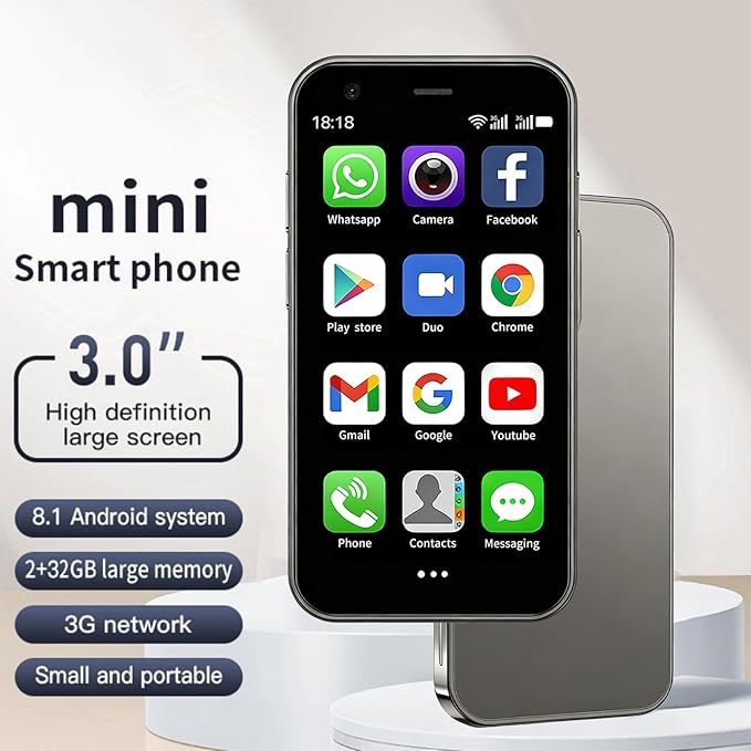 Mini Phone, 3.0 Inch Android Dual Camera Dual SIM, Mini Smartphone Unlocked, Face lD/WiFi/Bluetooth, Palm Phone for Kids, Student Pocket Cellphone,2GB +32GB (Silver Gray)