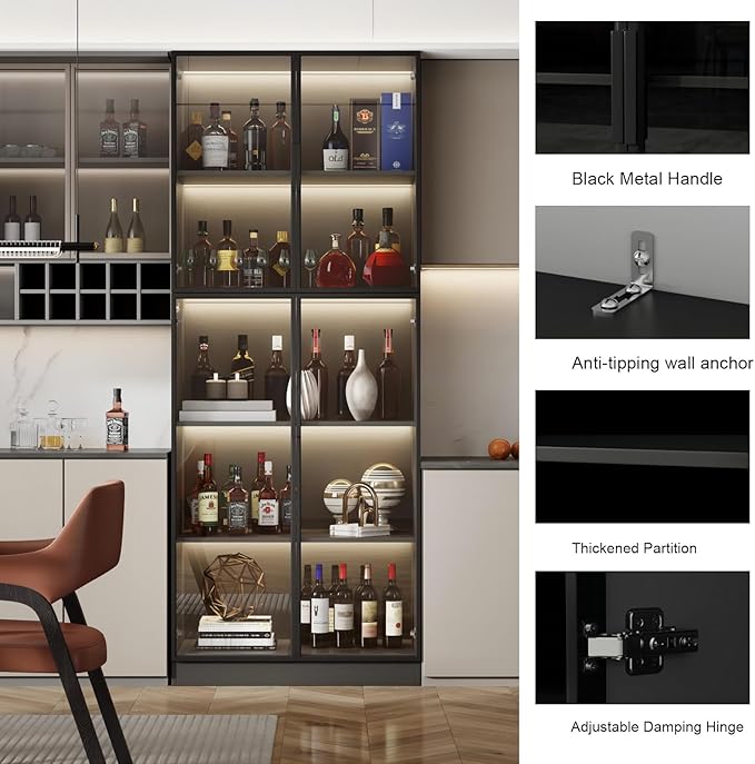 Display Cabinet with Glass Doors and Storage Shelve, Modern Display Cabinet for Collectibles Trophy Case for Display - Black (31.5 ""W x 16.5 ""D x 78.7 ""H), HJ-FF10