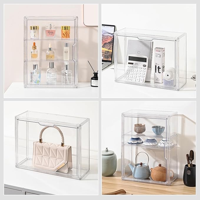 2 Pack Clear Display Case for Figures, Wall-Mounted Acrylic Storage Organizer Box, Stackable Display Cabinet with Magnetic Door & Removable Shelves, Showcase for Collectibles, Anime Figures