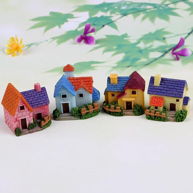 Avtytsda Resin Miniature House 4PCS Miniature House Fairy Gardening Micro Landscape Village Stone House Bonsai Terrarium Crafts Ornaments Accessories Home Decoration (C)