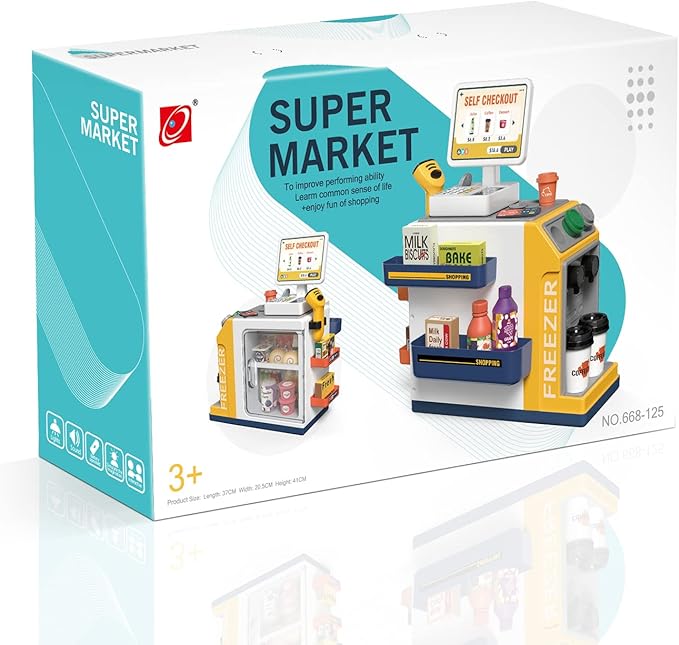 Cash Register Playset for Kids - 48PCS Pretend Play Money, Calculator, Scanner, Credit Card and Play Food for Boys and Girls Ages 3+ (668-125)