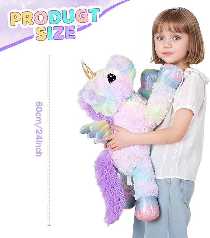 24 Inch Rainbow Colors Rose Velvet Unicorn Stuffed Animal Plush Toy with Wings Soft Cute Large Unicorn Plush Animals Pillow Gift for Children Boy Girl Kids Birthday Valentine Decorations