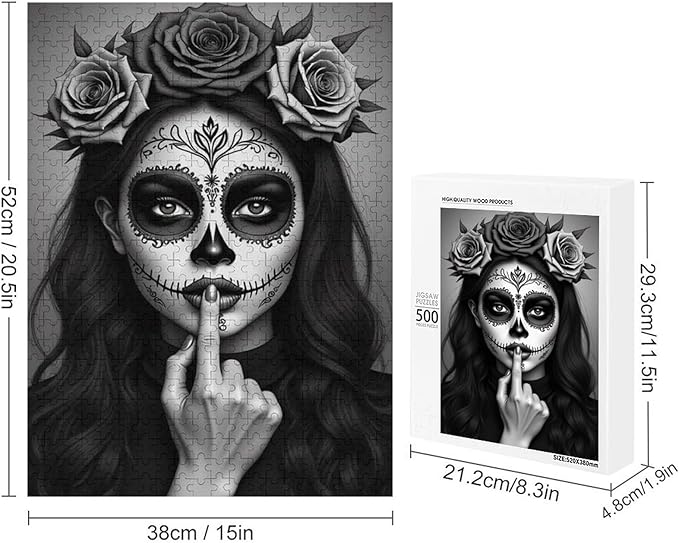 Jigsaw Puzzles for Adults 500 Piece - Gorgeous Sugar Skull Lady Day of The Dead Wooden Puzzle,Family Puzzles，Educational Games，Challenge Puzzles Puzzle Games,Stress Relief Games