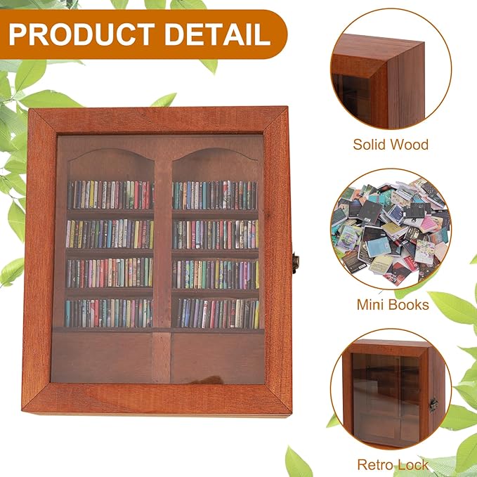 Anxiety Bookshelf with 200pcs Mini Books,Get rid of Your Anxiety Miniature Book Display Cabinet, Stress-Relief Bookshelf for Home Office Decor (Brown)