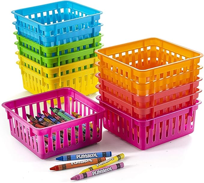 PREXTEX Classroom Storage Baskets - Crayon & Pencil Container - Classroom Organization - Multicolor Plastic Square Baskets, 5x5x3 Inches, 12 Count