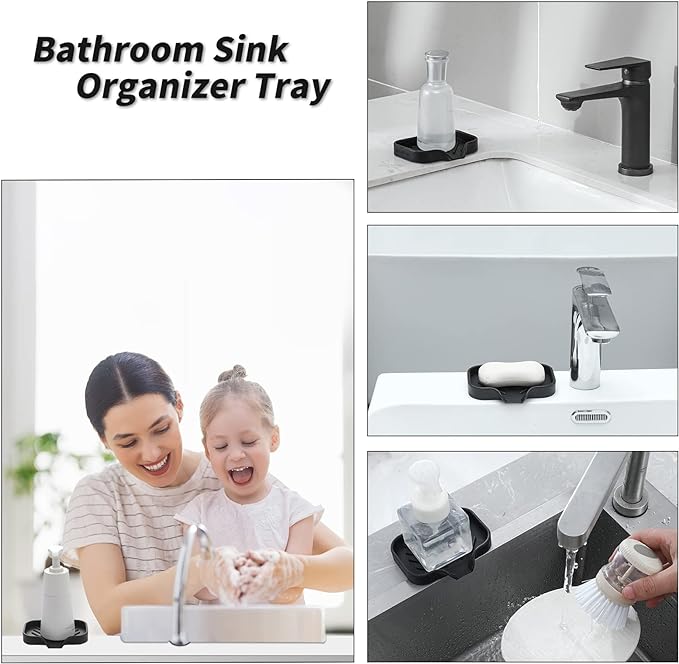 MicoYang Silicone Bathroom Soap Dishes with Drain Spout-Bathroom and Kitchen Sink Organizer,Sponge Holder,Dish Soap Tray,Perfect for Dispenser,Scrubber,Bottle,Cup on Sink or Counter-Black 4.9"×3.2"