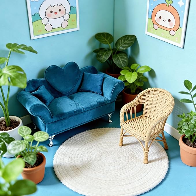 Modern Dollhouse Furniture, 1/6 Scale of Miniature Dollhouse Sofa, Openable Sofa Mini Jewelry Display Storage Box with Mini Mirror for Earrings, Necklaces, Bracelets (Blue Velvet)