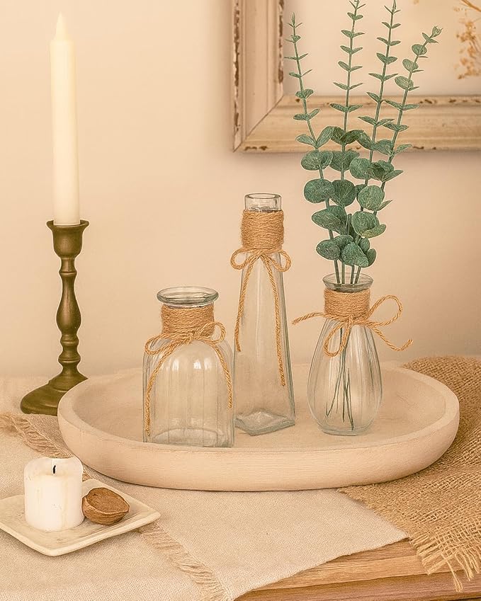 10Pcs Small Glass Vases Set - Clear Mini Bud Vases with Twine Ropes, Vintage Farmhouse Style for Flower Arrangements, Centerpieces, Wedding, Home and Table Decor