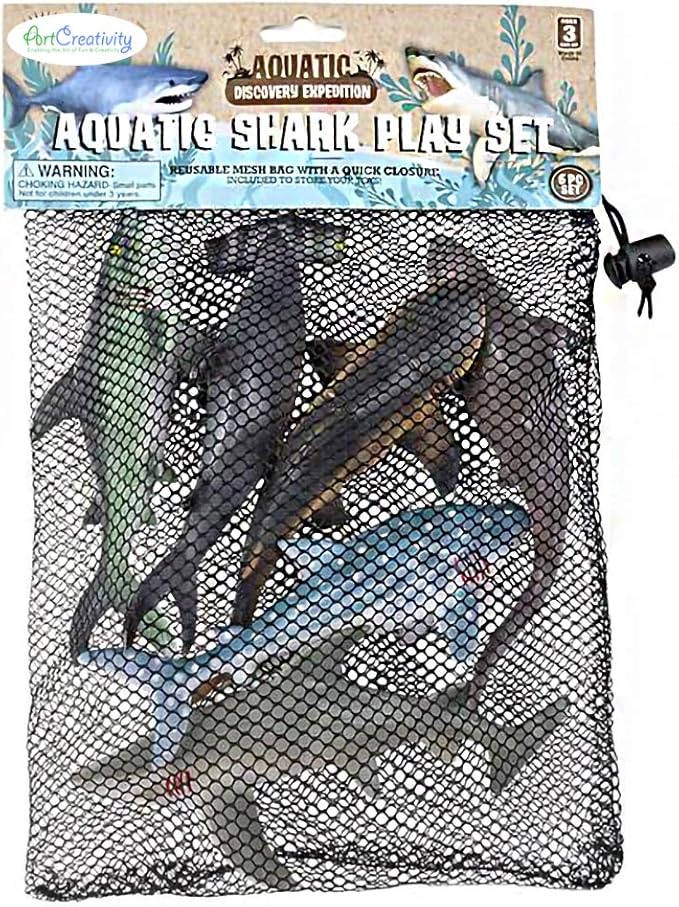 ArtCreativity Shark Figures in Mesh Bag- Pack of 6 Sea Creature Figurines in Assorted Designs, Bath Water Toys for Kids, Shark Party Favors for Toddlers, Boys, and Girls, Ocean Life Party Decor