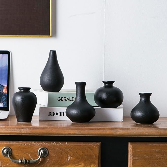 Black Bud Vase Set of 5, Ceramic Small Vases for Modern Decor, Mini Pottery Vases, Boho Decorative Vase for Living Room Fireplace, Centerpiece Table Decorations