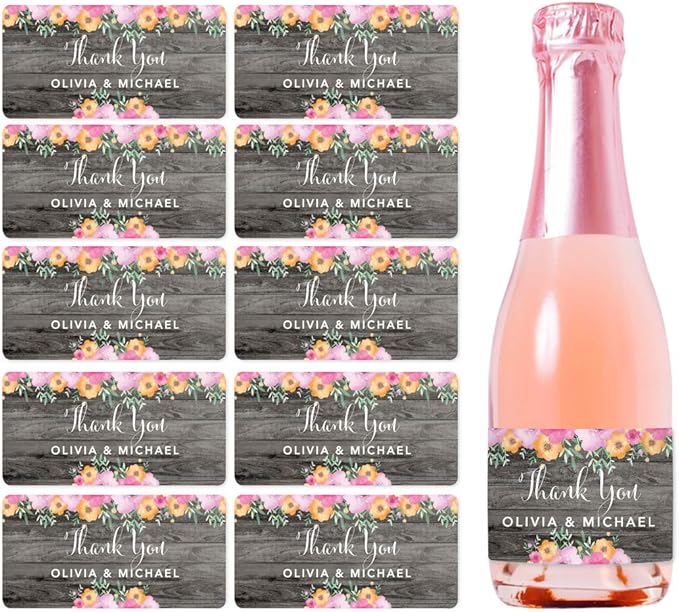 Andaz Press Personalized Mini Champagne Wine Bottle Labels, Thank You, Olivia & Michael, Rustic Gray Wood Floral Flowers, 20-Pack, Mini Champagne Favor Gift Labels