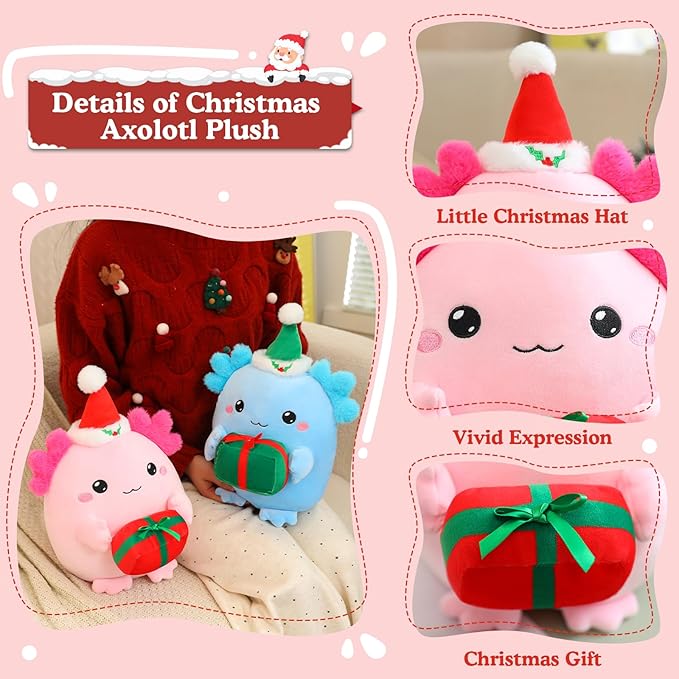 Christmas Axolotl Plush, Cute Axolotl Holding Gift Stuffed Animals Christmas Day Decor Party Favors for Girls and Boys(Pink)