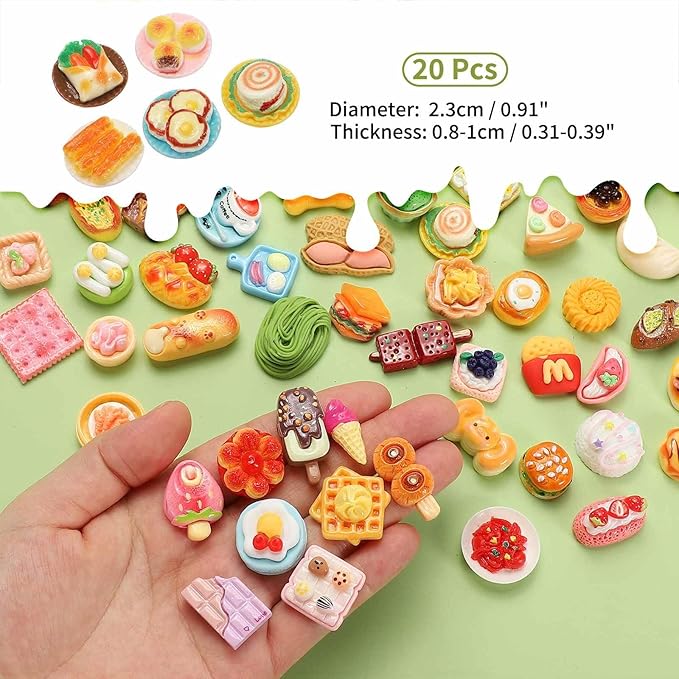 Dollhouse Miniature Food, Cute Mixed Breakfast Figures Toys Mini Resin Foods Trinkets for Pretend Play Kitchen Cooking Game & Doll House Decor (Mixing Colors, 20pcs)