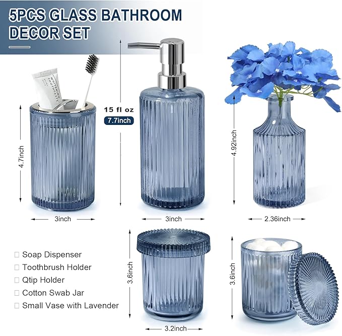 Blue Bathroom Accessories 5 Pcs, Glass Bathroom Accessory Set, Vintage Blue Bathroom Set, Royal Soap Dispenser and Toothbrush Holder Set, Qtip Holder, Small Flower Vase, Modern Bathroom Decor