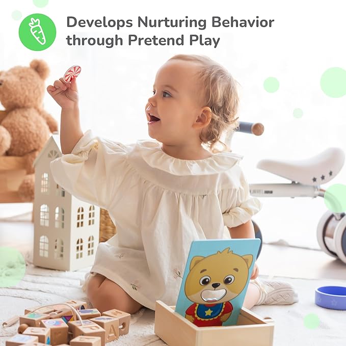 Bimi Boo Wooden Feeding Toy - Montessori Pretend Play Food Set for Toddlers 1-4+ - Fine Motor Skills Scooping Toy for Kids (27 Various Foods, a Spoon, Bowl)