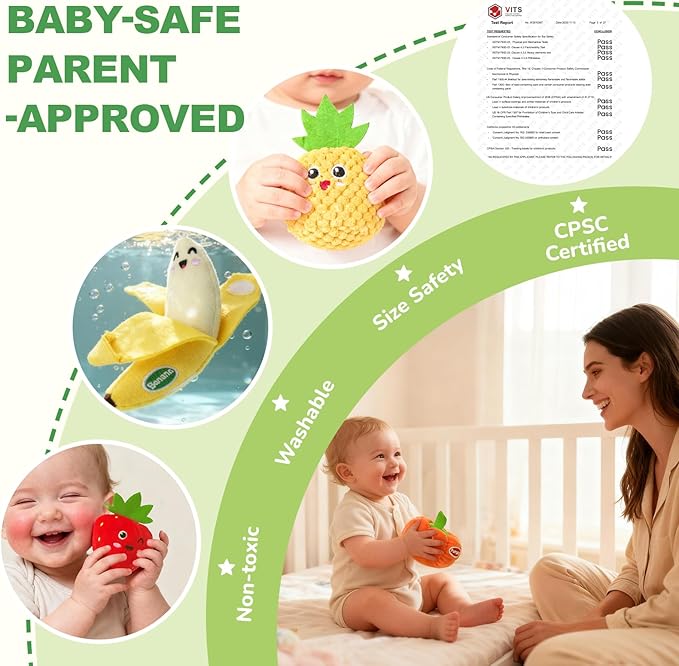 Baby Sensory Toys - Plush Color Sorting Fruit Veggie Baby Toys 6-12 Months, Pretend Play Food with Rattle Crinkle for Toddlers 1-3, Montessori Toys for 1 Year Old Boys Girls Birthday
