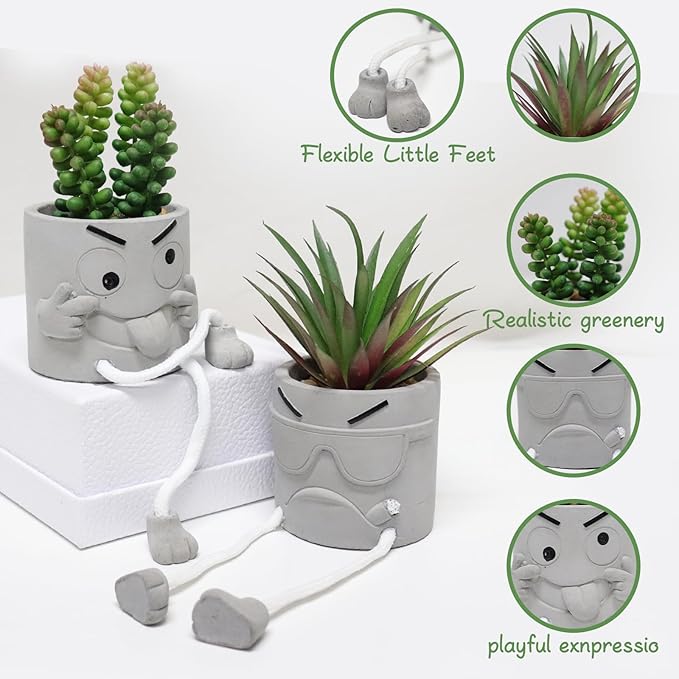 SEMSOIIO 2PCS Artificial Mini Succulent Plants, Cute Fake Plant Faux Succulents in Grey Pots, Artificial Plants with Hanging Leg Potted for Home Office Desk Shelf Bathroom Decor