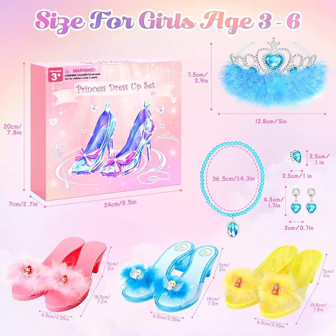 Mastom Princess Dress Up Shoes Set, Girls Role Play Dress Up Toys, Toddler Princess Dress up Shoes with Crowns kit Gift for Girls Aged 3 4 5 6 Years Old