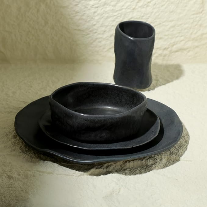 Stone by Mercer Project Atik Modern Stoneware 16-Piece Dinnerware Set, Plate and Bowl Set, Dish set for 4, Charcoal Black Speckled