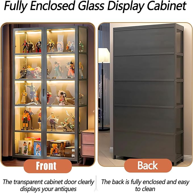 5 Tier Curio Display Cabinet with Acrylic Glass Door, Large Capacity Storage Cabinet Collectibles Toy Organizers Rack & Display Shelf, Kids Bookshelf and Bookcase for Playroom, Bedroom