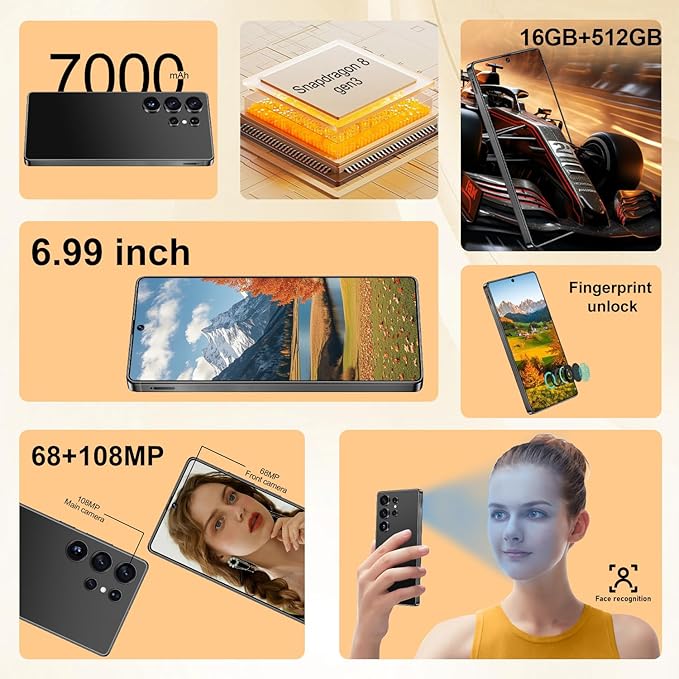 OEJBK I25 Ultra: Powerhouse 16GB/512GB, 2-Day 7000mAh Battery, Huge 6.99" Android 14 Phone w/Built-in Stylus - Your All-in-One Device The Superior Choice (Black)