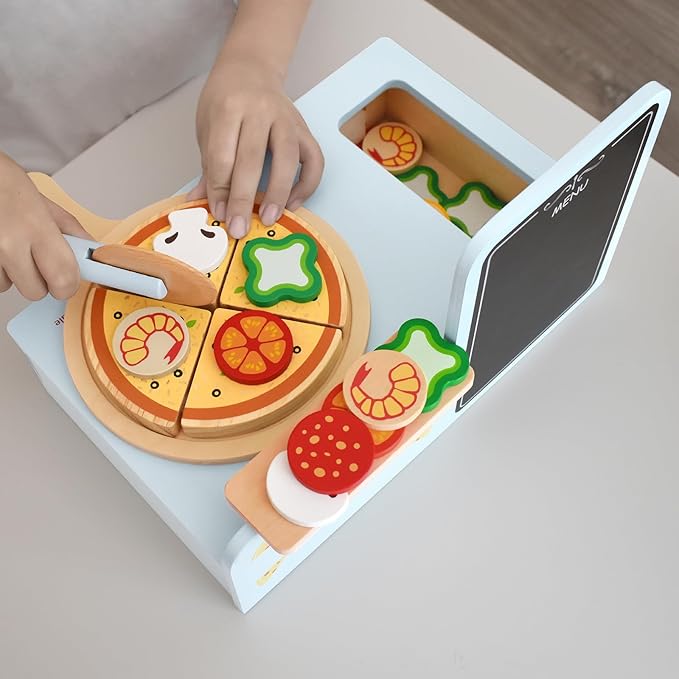 Pillowhale Wooden Pizza Play Set – 24 PCS Slice‑&‑Serve Pretend Play Pizza Toy, Hook‑and‑Loop Cutting, Montessori Kitchen Role Play, Wooden Play Food Gift for Toddlers Ages 3‑6